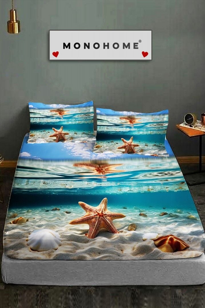 %100 Pamuk Lastikli Çarşaf Özel Tasarım 5d Dijital 60 Tel Deep Sea