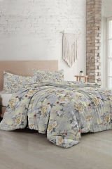 Lastikli Çarşaflı %100 Pamuk Saten Çift Kişilik Nevresim Takımı Grey Yellow Roses Luxury