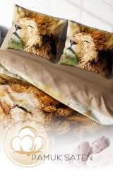 Çift Kişilik Nevresim Seti Sık Dokuma Pamuk Saten 3d Özel Tasarım Lion Naturel (çarşafsızdır)