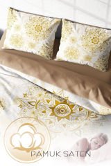 Lastikli Çarşaflı %100 Pamuk Saten Çift Kişilik Nevresim Takımı Gold Luxury