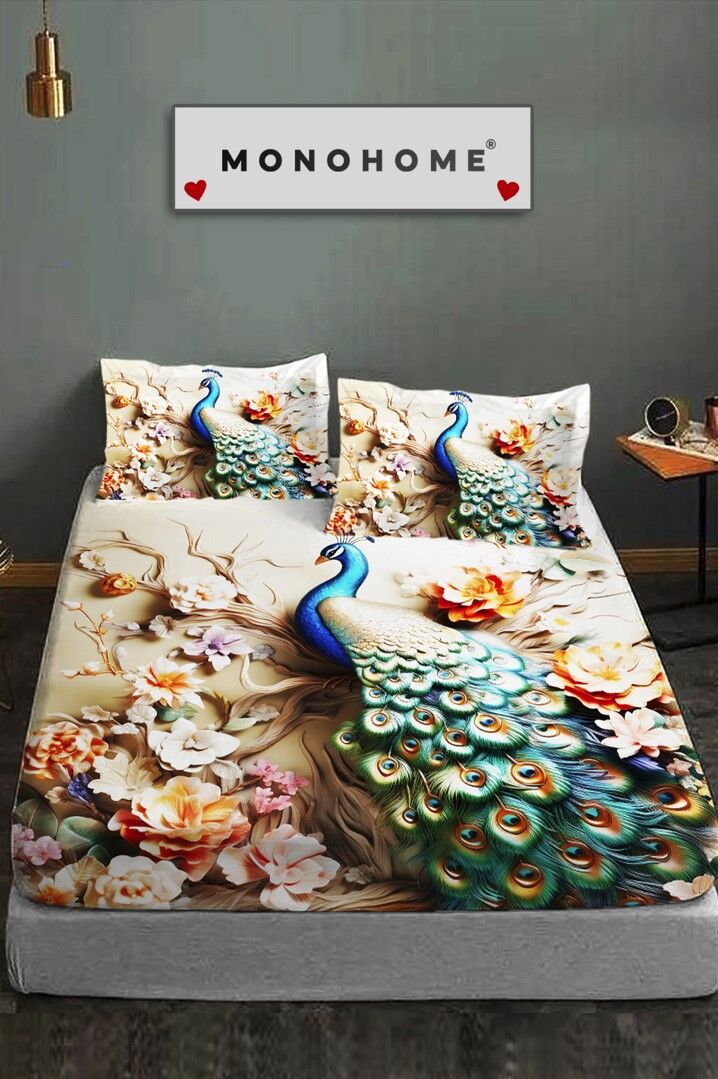 %100 Pamuk Lastikli Çarşaf Özel Tasarım 5d Dijital 60 Tel Kraliyet Tavus