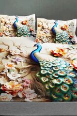 %100 Pamuk Lastikli Çarşaf Özel Tasarım 5d Dijital 60 Tel Kraliyet Tavus