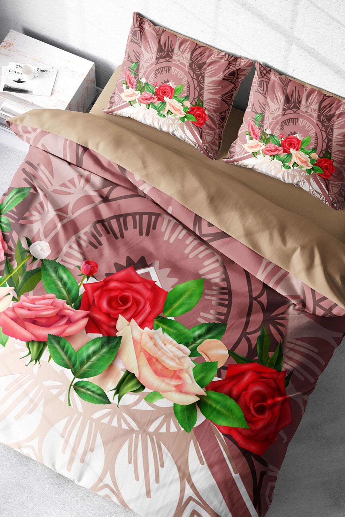 Çift Kişilik Nevresim Seti Sık Dokuma Pamuk Saten 3d Özel Tasarım Brown & Roses (çarşafsızdır)