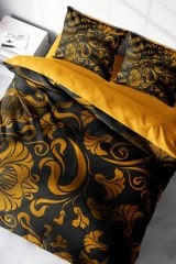 Lastikli Çarşaflı %100 Pamuk Saten Çift Kişilik Nevresim Takımı Gold Leaves