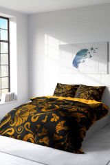 Lastikli Çarşaflı %100 Pamuk Saten Çift Kişilik Nevresim Takımı Gold Leaves