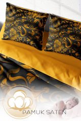 Lastikli Çarşaflı %100 Pamuk Saten Çift Kişilik Nevresim Takımı Gold Leaves