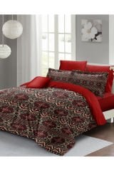 Lastikli Çarşaflı %100 Pamuk Saten Çift Kişilik Nevresim Takımı Red Old Design