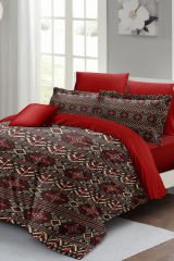 Lastikli Çarşaflı %100 Pamuk Saten Çift Kişilik Nevresim Takımı Red Old Design