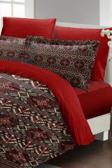 Lastikli Çarşaflı %100 Pamuk Saten Çift Kişilik Nevresim Takımı Red Old Design