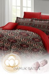 Lastikli Çarşaflı %100 Pamuk Saten Çift Kişilik Nevresim Takımı Red Old Design