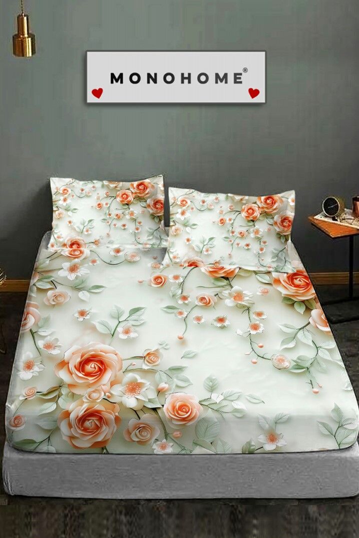 %100 Pamuk Lastikli Çarşaf Özel Tasarım 5d Dijital 60 Tel Salmon Flowers