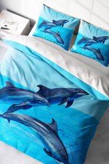 Lastikli Çarşaflı %100 Pamuk Saten Çift Kişilik Nevresim Takımı Dolphin3