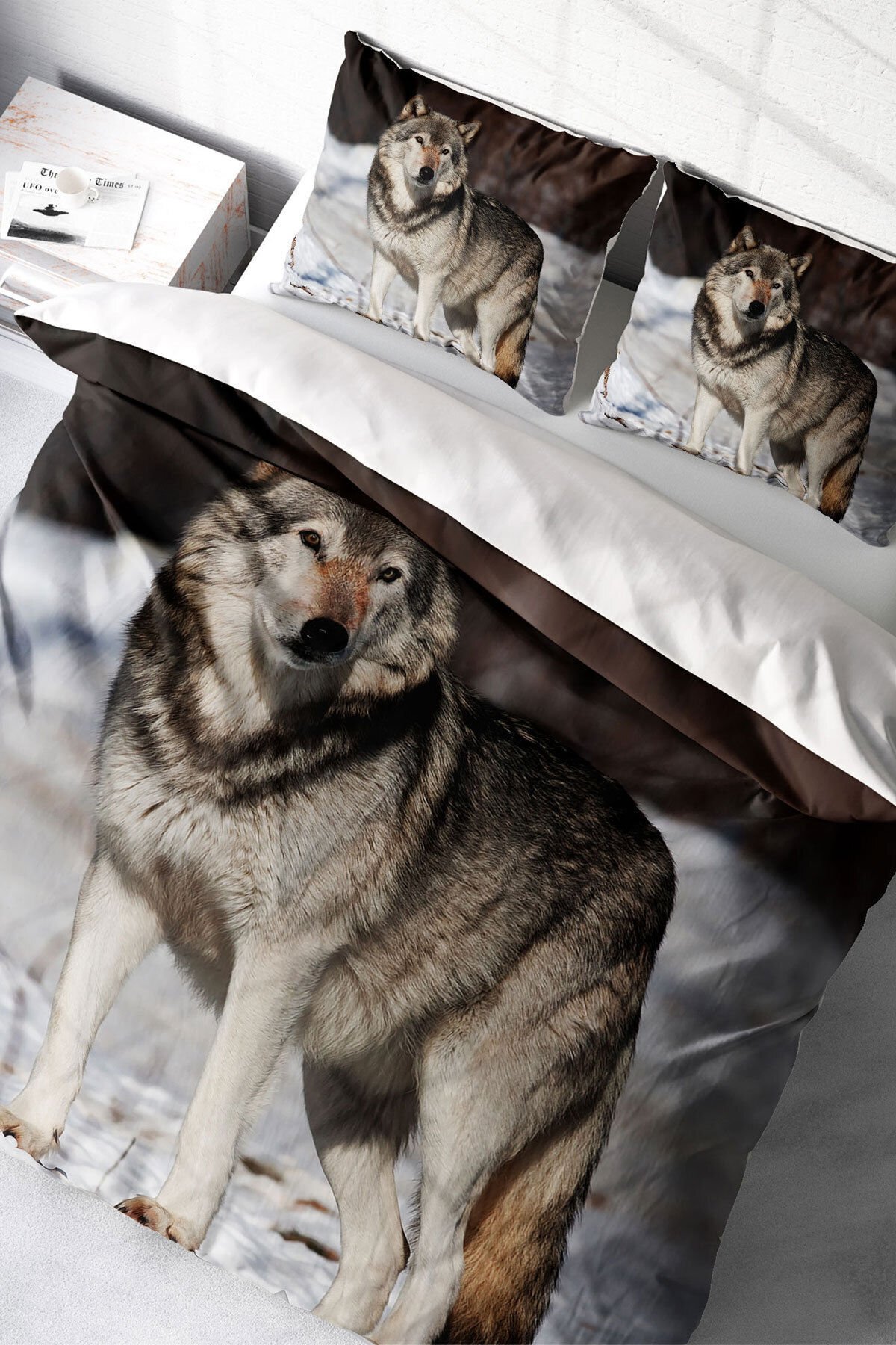 Lastikli Çarşaflı %100 Pamuk Saten Çift Kişilik Nevresim Takımı SnowWolf