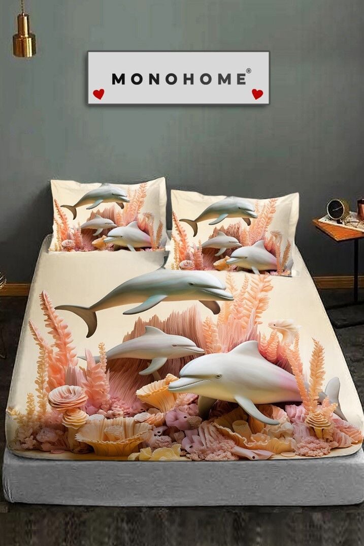 %100 Pamuk Lastikli Çarşaf Özel Tasarım 5d Dijital 60 Tel Dolphins