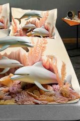 %100 Pamuk Lastikli Çarşaf Özel Tasarım 5d Dijital 60 Tel Dolphins