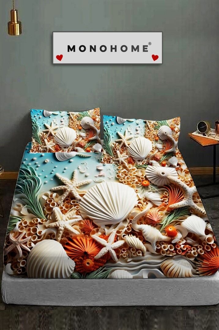 %100 Pamuk Lastikli Çarşaf Özel Tasarım 5d Dijital 60 Tel Deniz Dekorasyonu