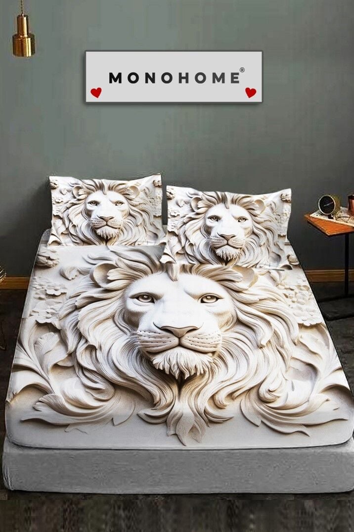 %100 Pamuk Lastikli Çarşaf Özel Tasarım 5d Dijital 60 Tel Lion