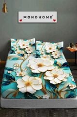 %100 Pamuk Lastikli Çarşaf Özel Tasarım 5d Dijital 60 Tel Turkuaz Çiçekleri