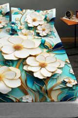 %100 Pamuk Lastikli Çarşaf Özel Tasarım 5d Dijital 60 Tel Turkuaz Çiçekleri