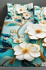 %100 Pamuk Lastikli Çarşaf Özel Tasarım 5d Dijital 60 Tel Turkuaz Çiçekleri
