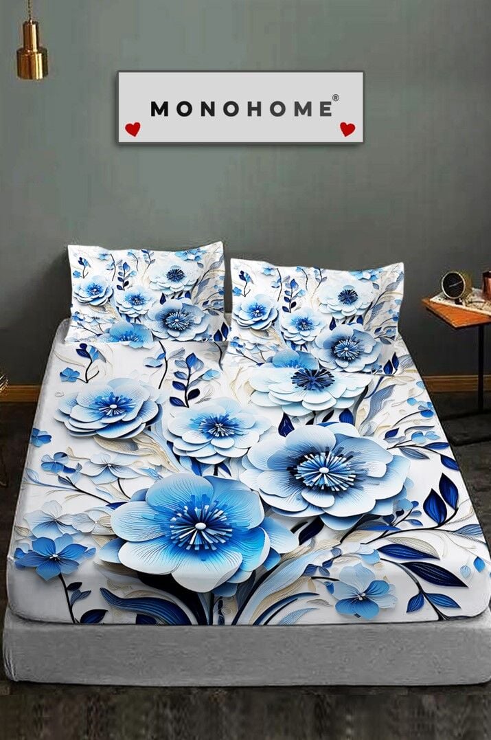 %100 Pamuk Lastikli Çarşaf Özel Tasarım 5d Dijital 60 Tel Blue