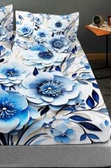 %100 Pamuk Lastikli Çarşaf Özel Tasarım 5d Dijital 60 Tel Blue