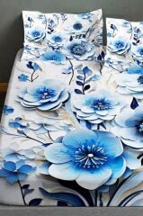 %100 Pamuk Lastikli Çarşaf Özel Tasarım 5d Dijital 60 Tel Blue