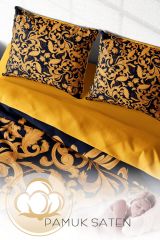 Çift Kişilik Nevresim Seti Sık Dokuma Pamuk Saten 3d Özel Tasarım Gold Floral (çarşafsızdır)