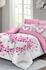 Kalpli %100 Pamuk Saten Çift Kişilik Nevresim Takımı Pink Heart