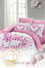 Kalpli %100 Pamuk Saten Çift Kişilik Nevresim Takımı Pink Heart