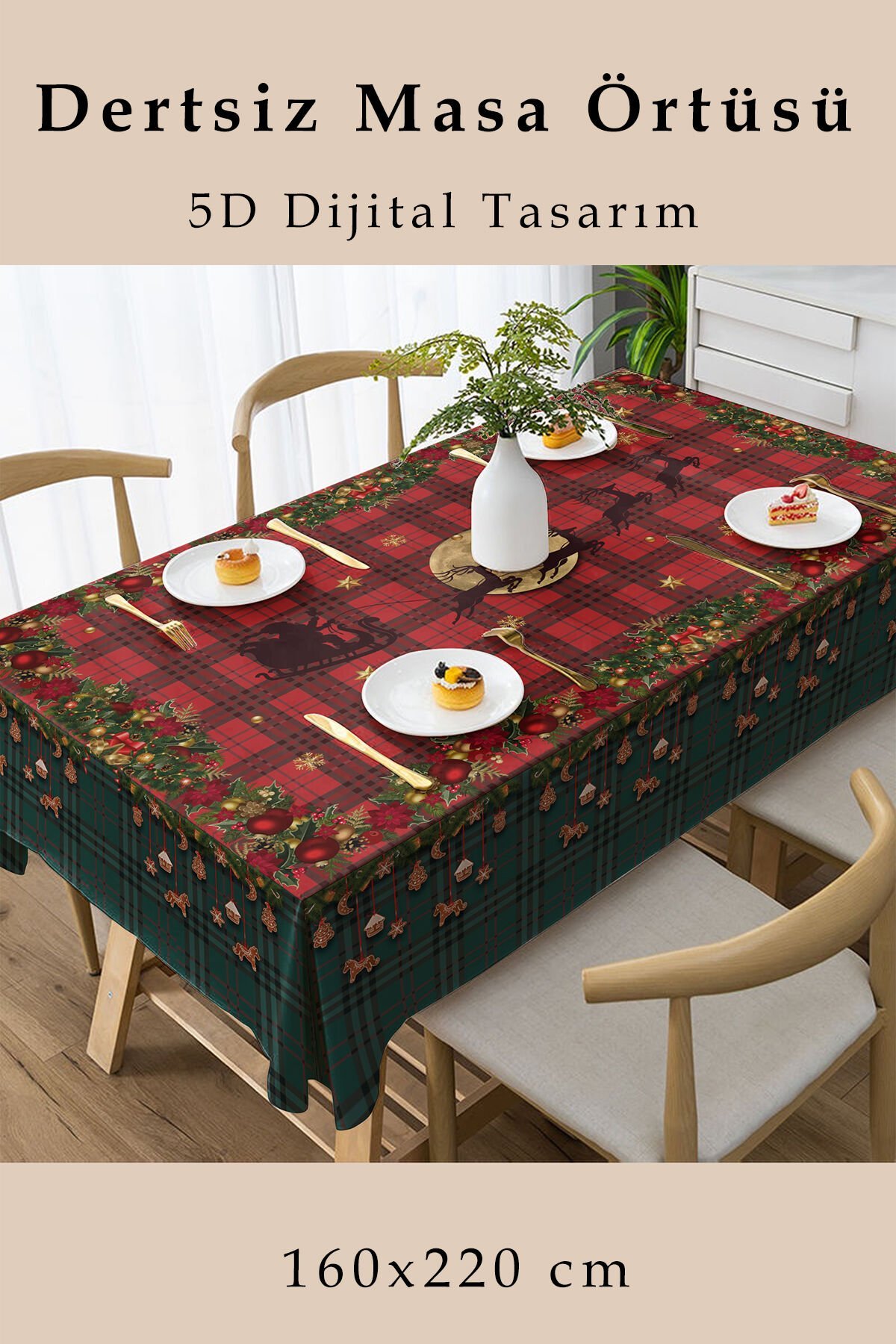 Yılbaşı Masaörtüsü Dertsiz Kumaş - 5D Dijital Tasarım Decorations