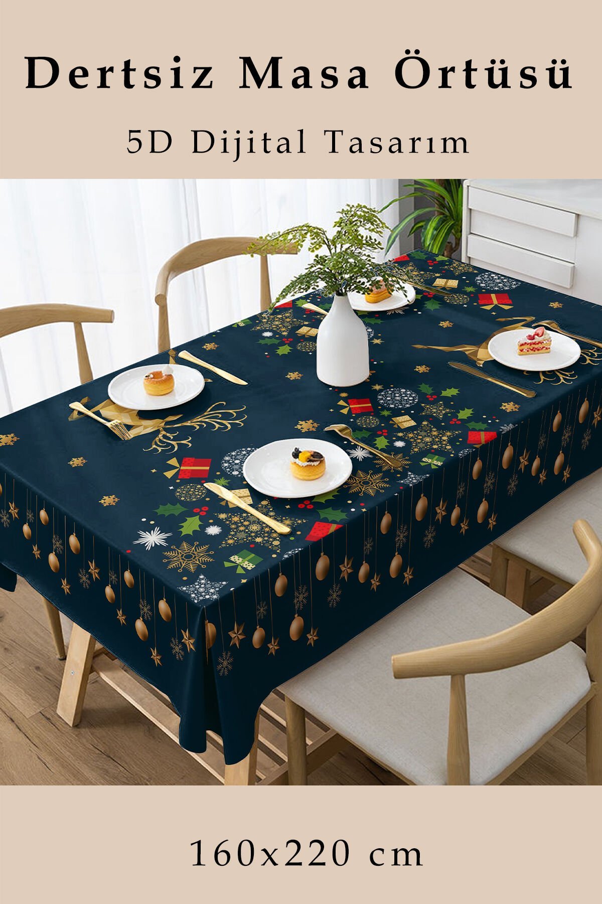 Yılbaşı Masaörtüsü Dertsiz Kumaş - 5D Dijital Tasarım Deer Noel