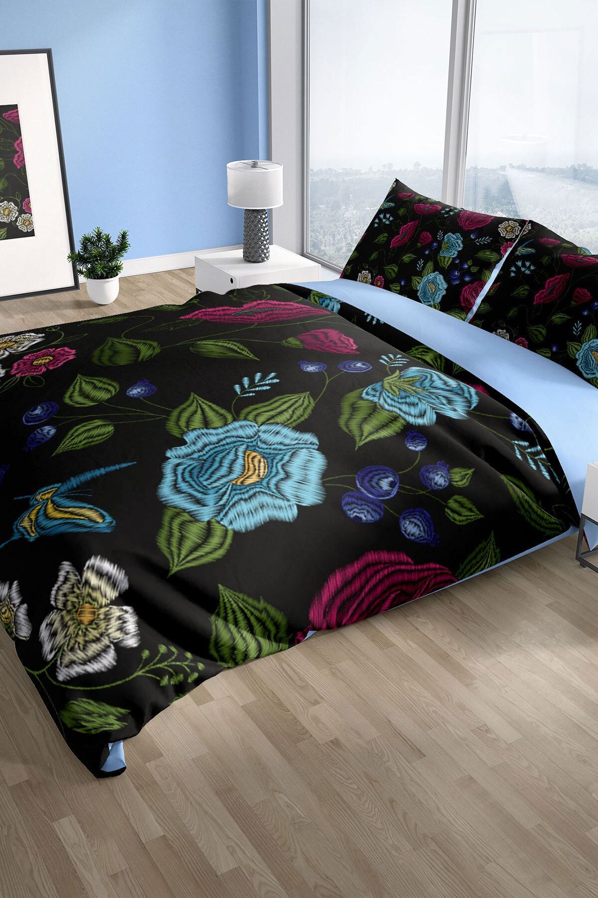 Flower Black 3d Pamuk Saten Çift Kişilik Nevresim Seti