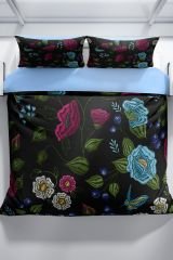 Flower Black 3d Pamuk Saten Çift Kişilik Nevresim Seti