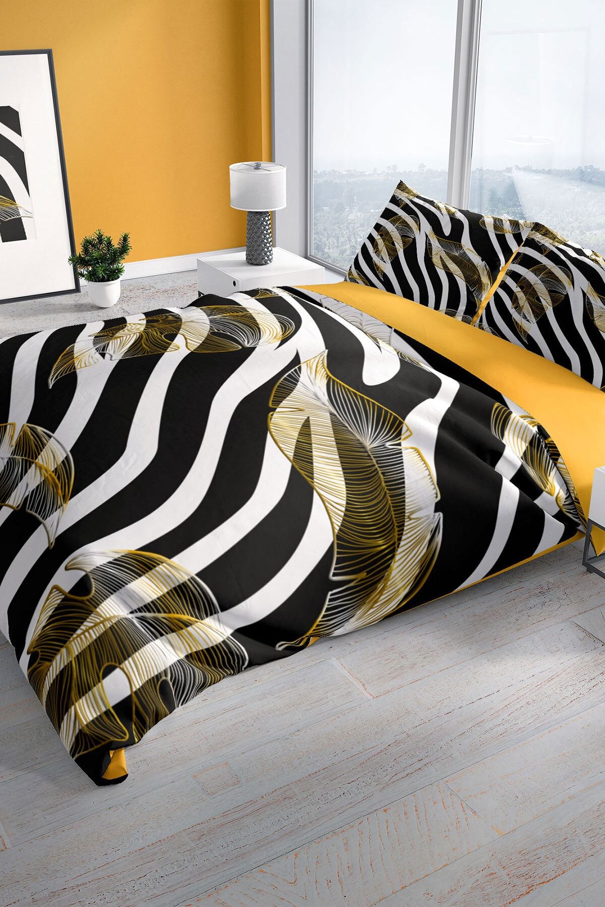 Zebra Feather 3d Pamuk Saten Çift Kişilik Nevresim Seti