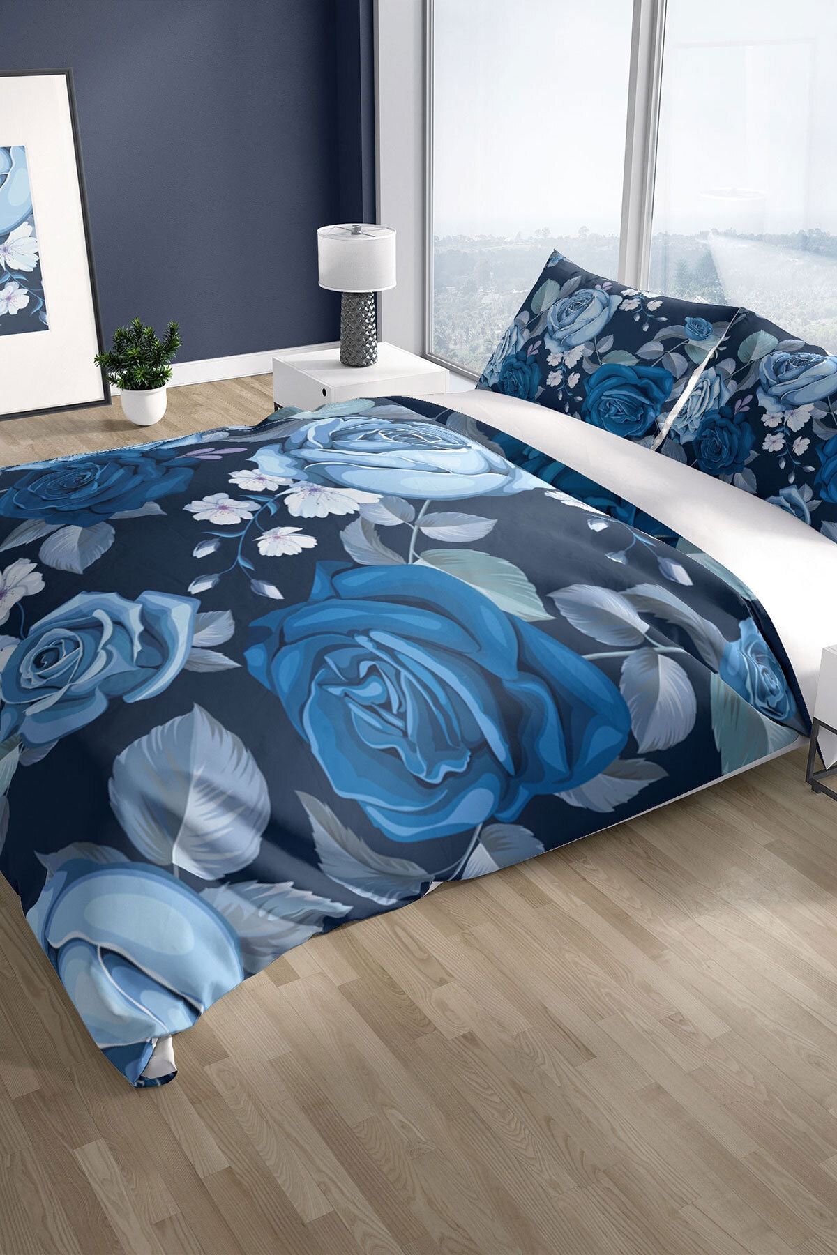 Blue Flower 3d Pamuk Saten Çift Kişilik Nevresim Seti