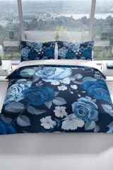 Blue Flower 3d Pamuk Saten Çift Kişilik Nevresim Seti