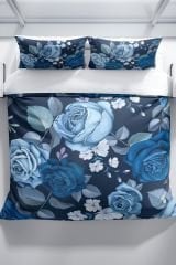 Blue Flower 3d Pamuk Saten Çift Kişilik Nevresim Seti