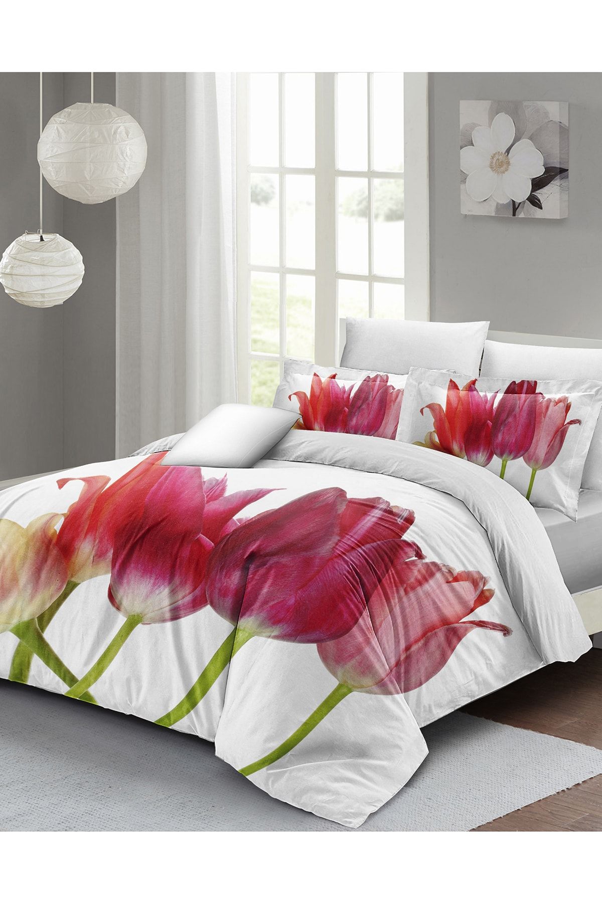 Çift Kişilik Nevresim Takımı Sık Dokuma Pamuk Saten 3d Özel Tasarım Tulip