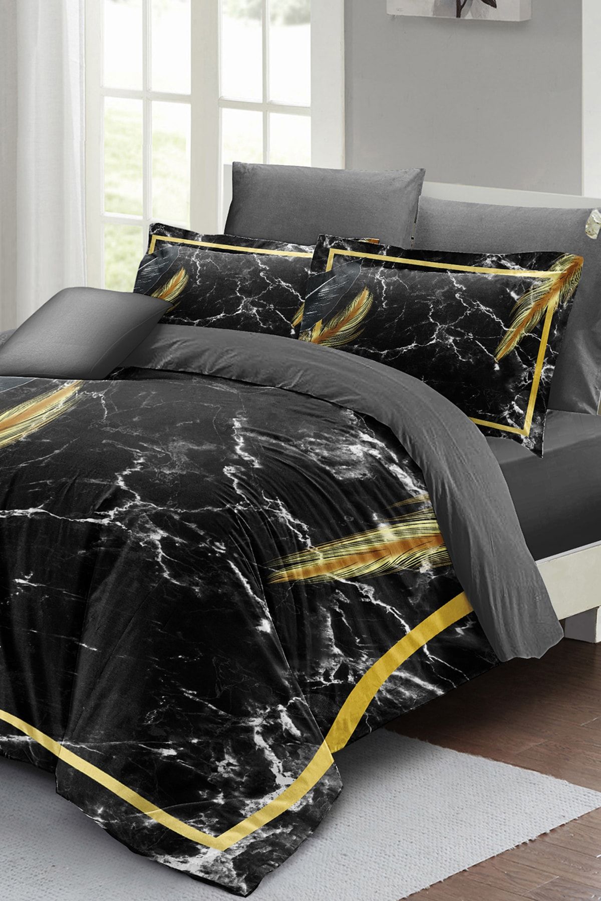 Nevresim Takımı Çift Kişilik 3d Pamuk Saten Dark Marble