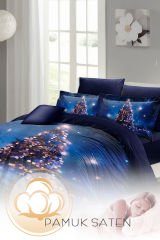 Yılbaşı Nevresim Takımı (Lastikli Çarşaflı) Çift Kişilik %100 Pamuk Saten Starry Tree