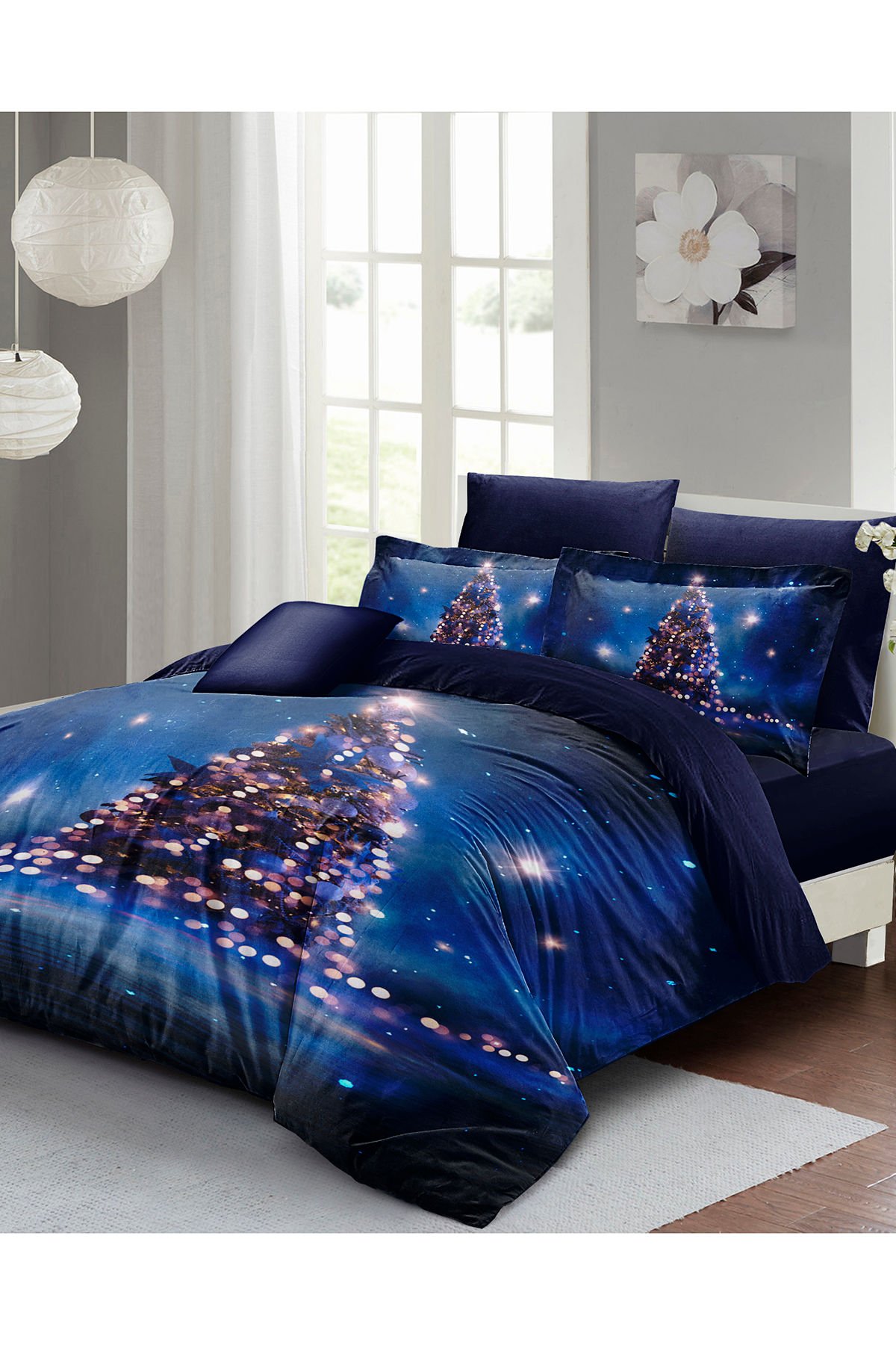 Yılbaşı Nevresim Takımı (Lastikli Çarşaflı) Çift Kişilik %100 Pamuk Saten Starry Tree