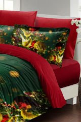 Yılbaşı Nevresim Takımı (Lastikli Çarşaflı) Çift Kişilik %100 Pamuk Saten Green Decorations