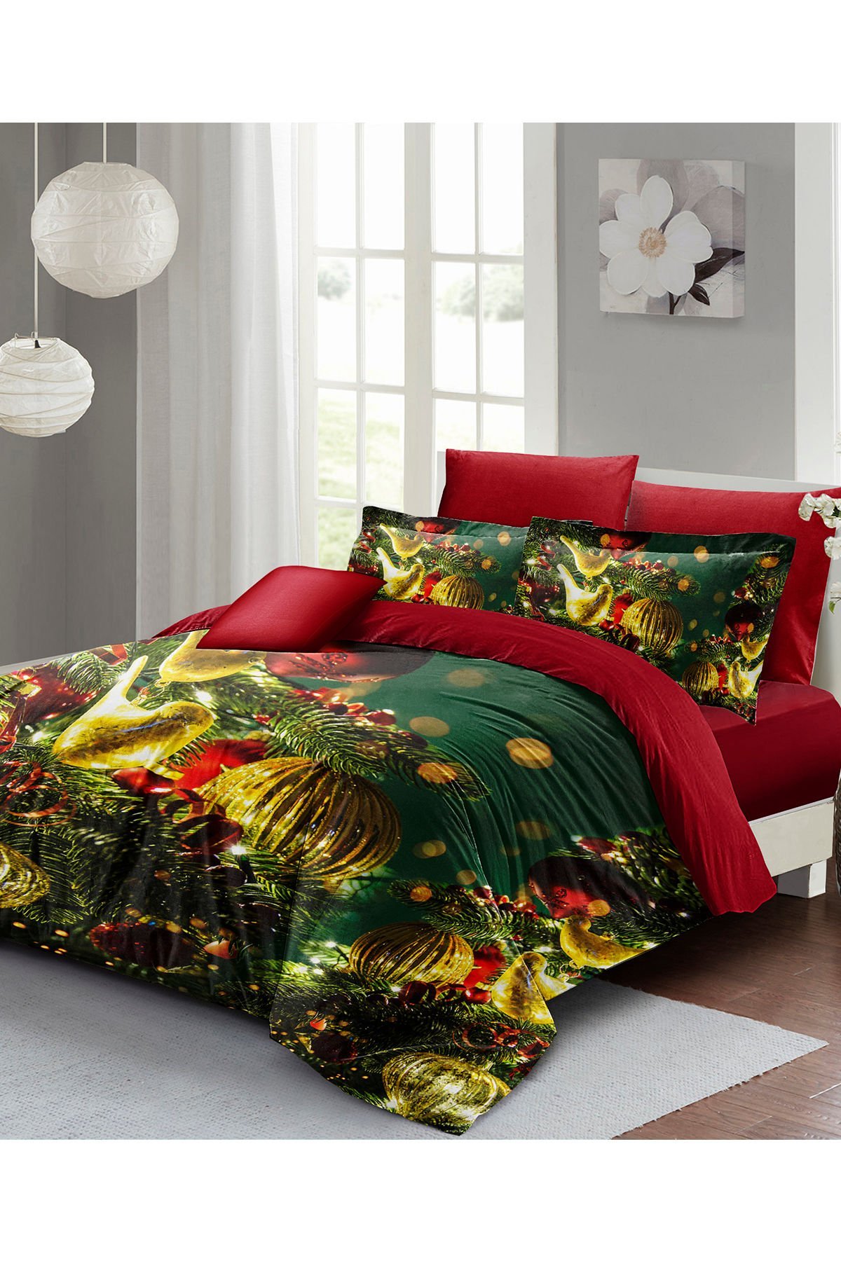 Yılbaşı Nevresim Takımı (Lastikli Çarşaflı) Çift Kişilik %100 Pamuk Saten Green Decorations