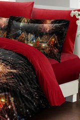 Yılbaşı Nevresim Takımı (Lastikli Çarşaflı) Çift Kişilik %100 Pamuk Saten Nights Houses