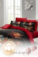 Yılbaşı Nevresim Takımı (Lastikli Çarşaflı) Çift Kişilik %100 Pamuk Saten Nights Houses