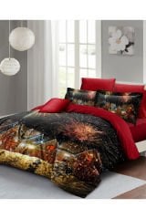 Yılbaşı Nevresim Takımı (Lastikli Çarşaflı) Çift Kişilik %100 Pamuk Saten Nights Houses
