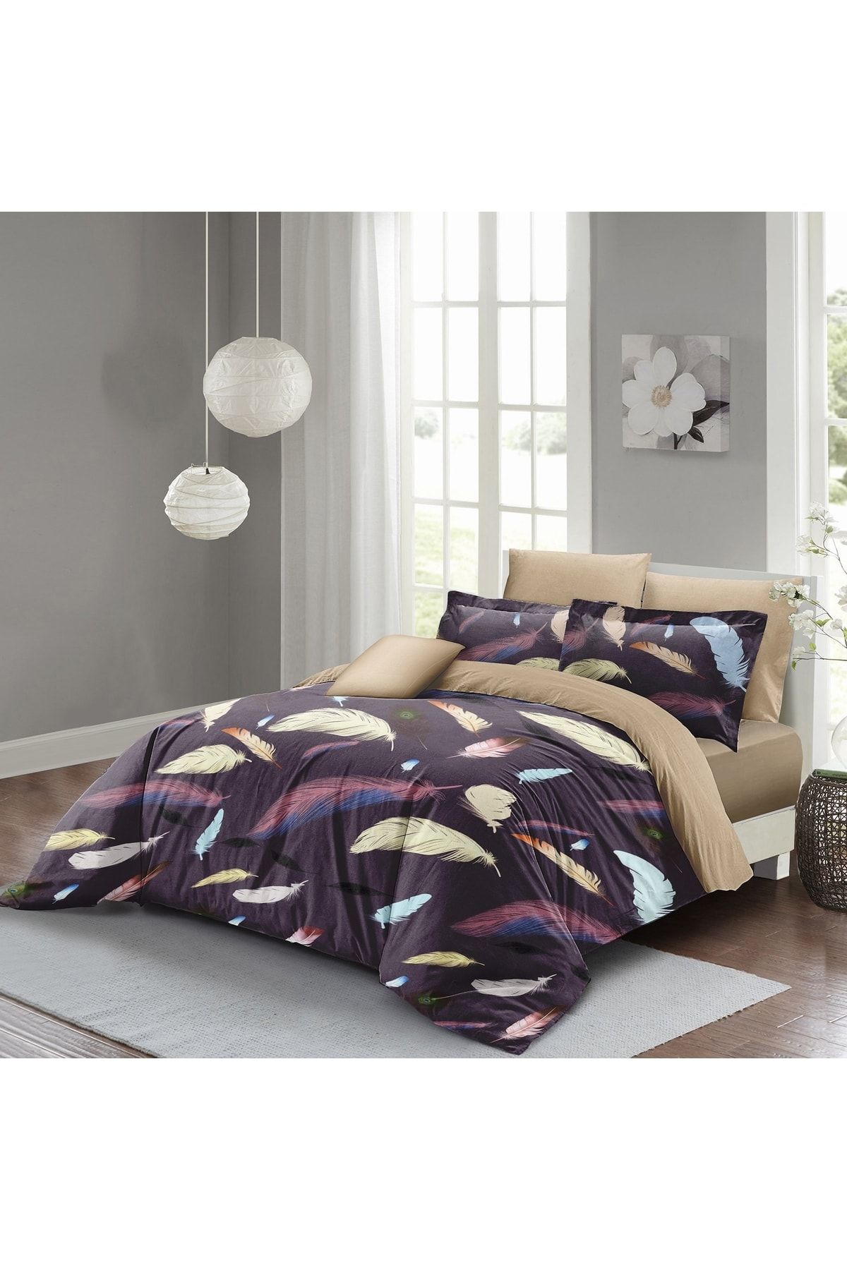 Nevresim Takımı Çift Kişilik 3d Pamuk Saten Colorful Feather