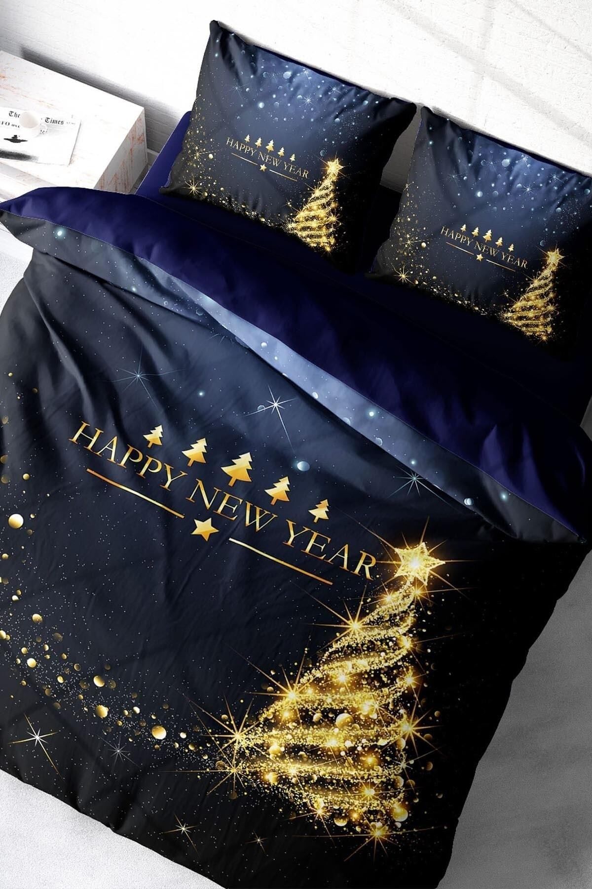 Yılbaşı Nevresim Takımı (Lastikli Çarşaflı) Çift Kişilik %100 Pamuk Saten Christmas Tree