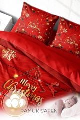Yılbaşı Nevresim Takımı (Lastikli Çarşaflı) Çift Kişilik %100 Pamuk Saten Tree Noel